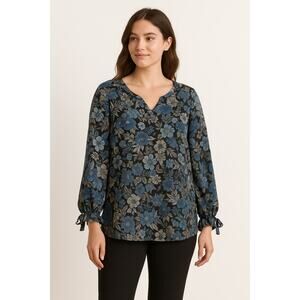 Elegant Floral Print Blouse Blue & Black Jones New York Size XL